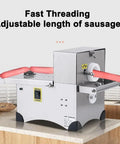 Top Shelf Commercial Electric Sausage Tying Machine Featuring Solid Stainless Steel Build And No Sweat Foot Pedal For Effortless Auto Knotting With Precisely Adjustable Link Sizes on countertop with sausages.