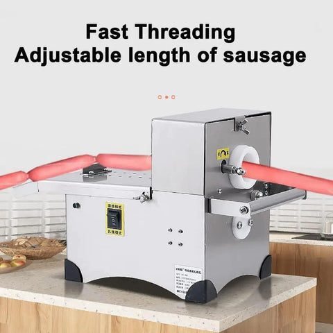 Top Shelf Commercial Electric Sausage Tying Machine Featuring Solid Stainless Steel Build And No Sweat Foot Pedal For Effortless Auto Knotting With Precisely Adjustable Link Sizes on countertop with sausages.