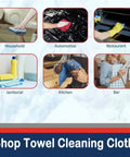 Various uses of industrial grade cotton shop towels for household, automotive, restaurant, janitorial, kitchen, and bar cleaning.