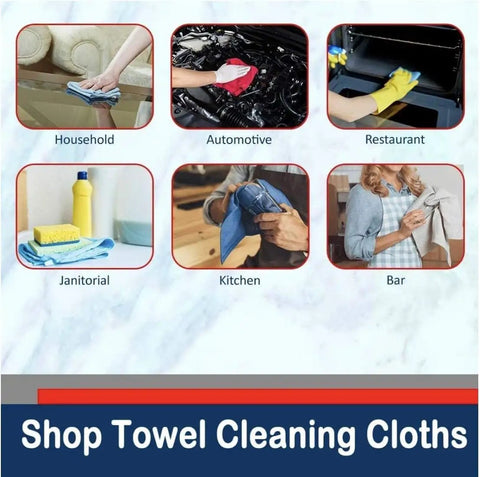 Various uses of industrial grade cotton shop towels for household, automotive, restaurant, janitorial, kitchen, and bar cleaning.