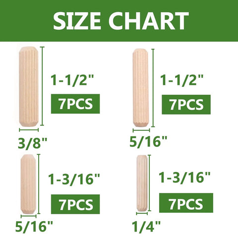 Size chart for 28 Piece Grooved Wooden Dowel Set For Woodworking M6 M8 M10, showing dimensions and piece count.