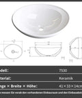 NUESTRA VIDA Overhead Sink Oval Ceramic 16.1 * 13 * 5.5 IN - Small Bathroom Hand Sink with dimensions and design details.