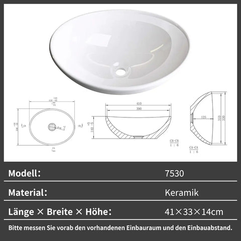 NUESTRA VIDA Overhead Sink Oval Ceramic 16.1 * 13 * 5.5 IN - Small Bathroom Hand Sink with dimensions and design details.