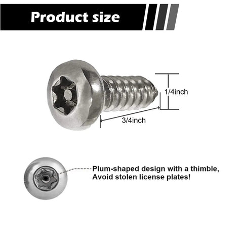 Four Pack Stainless Steel Anti Theft License Plate Screws With Rustproof Torx Head Bolts Fasteners, size details shown