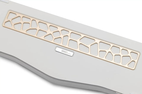 Alice Ergonomic Mechanical Keyboard With Rock Solid Aluminum Frame And Tri Mode Wireless Bluetooth Pairing Hot Swap Qmk Via Tuning close-up of unique design plate.