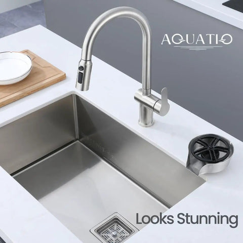 No Fuss Two In One Sink Glass Rinser Stainless Steel Cup Washer with a modern faucet and basin design.