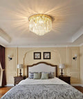 Lit French Gold Crystal Chandelier Ceiling Light 16 Inch Semi Flush Mount With Five Lights Three Tier Round Crystal Design