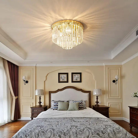 Lit French Gold Crystal Chandelier Ceiling Light 16 Inch Semi Flush Mount With Five Lights Three Tier Round Crystal Design