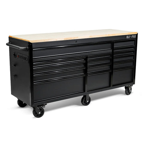 Front view of 72 Inch Heavy Duty Mobile Tool Chest on wheels with solid wood top workbench, 15 drawer, black finish.
