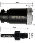BTBLBITS dry diamond core drill bit for tile, 1-1/2 in (38 mm); 5/8-11 thread with 3/8 in hex shank adapter.