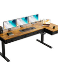 63 Inch L Shaped Electric Standing Desk With Four Fabric Drawers For Home Office Corner Setup Provides Extra Storage And Power Outlets Height Adjustable Sit Stand Table In Rustic Brown shown from above with triple monitor setup, black base, and wood finish.