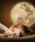 Child sleeping under Earth And Moon Projector Lamp With USB Charging, Bendable Stand, Dual Projection Patterns For Bedroom Ambiance.