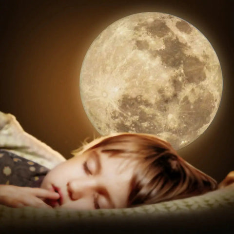 Child sleeping under Earth And Moon Projector Lamp With USB Charging, Bendable Stand, Dual Projection Patterns For Bedroom Ambiance.