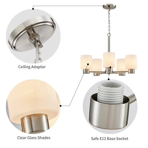 Five Light Bathroom Vanity Light Fixture Over Mirror In Brushed Nickel With E26 Base Modern Sconce details including adapter and shades