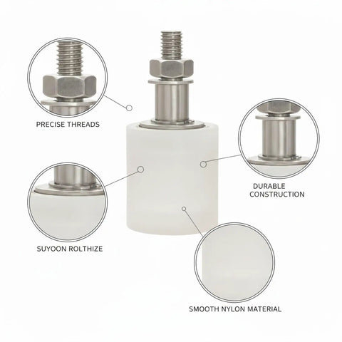 Close-up of Nylon Bottom Guide Wheel Replacement for Cabinet Drawer Tracks with white roller and precise threads