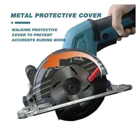 Badass Cordless Brushless Circular Saw 5 Inch 125mm featuring metal protective cover for safety during cutting operations.