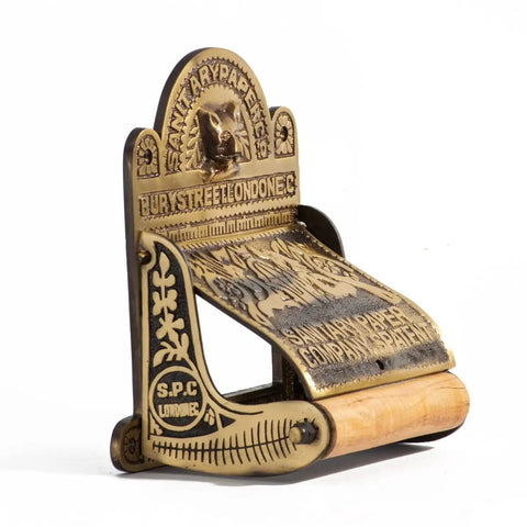 Antique Brass Wall Mount Toilet Paper Holder With Lid 6.9 Inch Wide Victorian Style Rust Resistant Solid Brass Bathroom Sanitary Paper Roll Holder Storage with ornate design and inscriptions.
