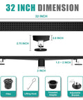 32 Inch Linear Shower Drain With Removable Square Cover And Hair Catcher Sleek Easy Install Matte Black 304 Stainless Steel Rectangular Floor Drain Cupc Certified Durable Modern Shower Drain For Luxury Bathrooms dimensions and accessories diagram