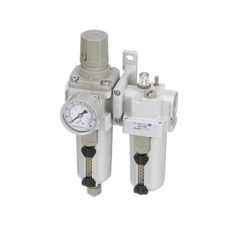 All In One Compressed Air Filter Regulator Lubricator Piggyback Combo One Half Inch NPT with metal bowl and gauge