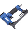 Built Tough Pneumatic Brad Nailer For Woodworking And Carpets featuring lightweight aluminum design, detailed view of trigger and nozzle.
