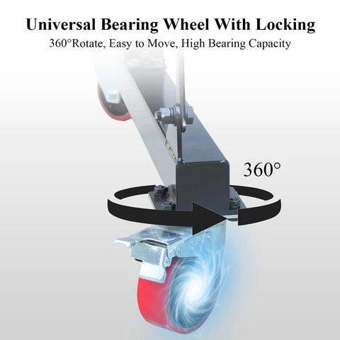 Heavy Duty Adjustable Shop Crane Lift Hoist With 8 To 12 Feet Height 4400 Lbs Capacity Triangular Base showing universal bearing wheel.