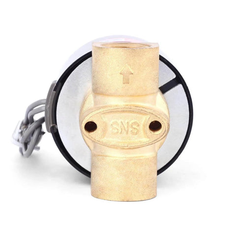 Three Eighths Inch NPT Brass Electric Solenoid Valve DC12V Normally Closed For Water Air Diesel, front view with brass body.
