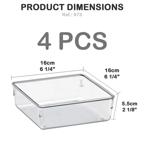 Clear Drawer Organizer Set, 4-Piece Box Trays For Office, Home, Makeup And Kitchen, Junk Drawer Storage, Crystal Clear Plastic