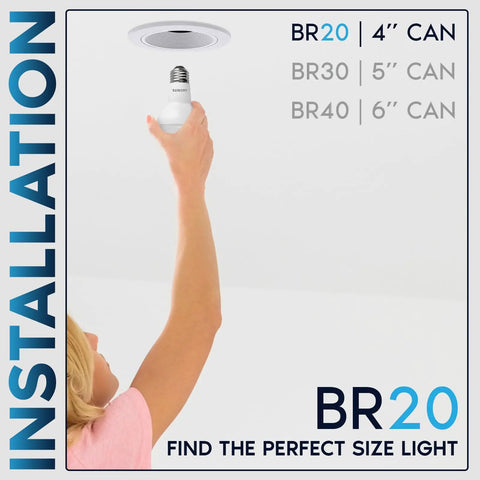 Woman installing R20 LED Flood Light Bulb 6.5W, 460 Lumens, 3500K Natural White, Dimmable, Energy Star into recessed lighting fixture, E26 Base