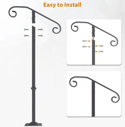 Sturdy Outdoor Stair Rail Handrail, 38.8 Inch High, Single Post Mount with installation guide, fits 1-2 steps, wrought iron