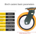 Heavy Duty Polyurethane Caster Wheels Running Butter Smooth With Dead Silent Foam Core And Rock Solid Locking Brakes For Heavy Workbenches Carts And Shop Furniture Rolling Swivel Set Of Four Eight Inch Black showing wheel specifications.