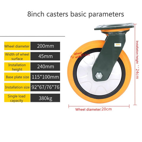 Heavy Duty Polyurethane Caster Wheels Running Butter Smooth With Dead Silent Foam Core And Rock Solid Locking Brakes For Heavy Workbenches Carts And Shop Furniture Rolling Swivel Set Of Four Eight Inch Black showing wheel specifications.