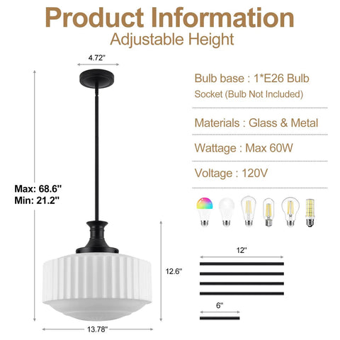 puncoll 13.8‘’ Vintage Milk Glass Pendant Light Kitchen Island adjustable height with glass and metal materials.