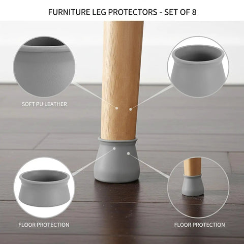 Gray PU Leather Furniture Leg Protectors 8 Pack Scratch Resistant Floor Guards For Hardwood And Tile on chair legs.