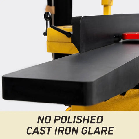 Close-up of precision cast iron table of Industrial Grade 16 Inch Parallelogram Jointer With Helical Cutterhead 7.5 Hp Three Phase Motor.