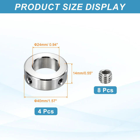 4-Pack Stainless Steel Shaft Collars, 24Mm ID, 40Mm OD, 14Mm Thick, Dual-Hole Bore Locking Collars for machinery.