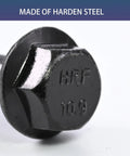 Close-up of a black zinc galvanized grade 10.9 flange bolt from the Beefy 180 Piece M6 Flange Bolt Kit With Washers And Nuts.