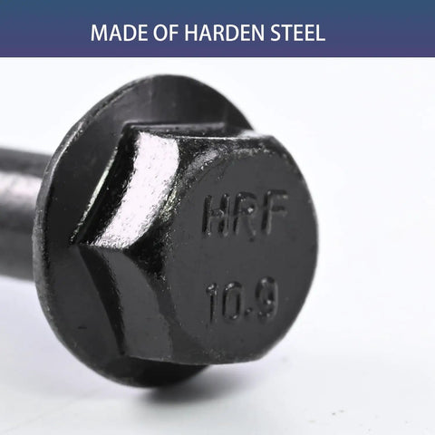 Close-up of a black zinc galvanized grade 10.9 flange bolt from the Beefy 180 Piece M6 Flange Bolt Kit With Washers And Nuts.