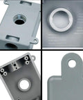 Outdoor Weatherproof Single Gang Electrical Outlet Box For 1/2 In Or 3/4 In Conduit, UL Listed Plastic Junction Box Outlet, Rugged Gray PVC, Easy Mounting Hardware Included, 4 Pack, showing different angles and detail views of the gray PVC box.