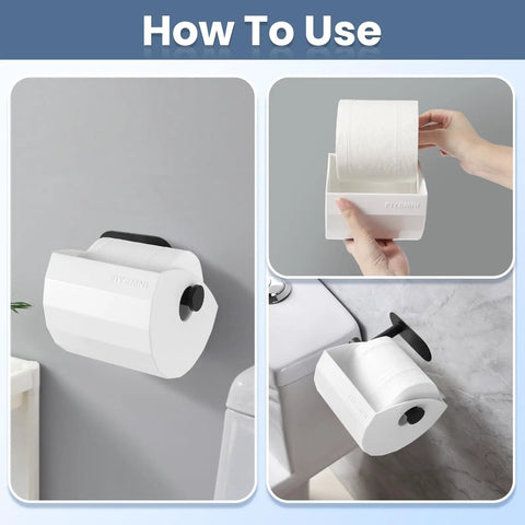 Paw Proof Toilet Paper Protector Cover In White Designed To Keep Sneaky Cats And Goofball Dogs From Messing With Your Paper Rolls Anywhere Around The House Or Apartment Area, shown mounted with usage instructions.