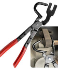 Sporthfish exhaust hanger removal pliers with red non-slip grip handles; steel, 25° offset U-shaped jaw for rubber hangers.