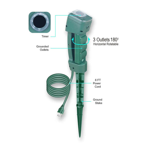 Heavy Duty Outdoor Power Stake With Three Grounded Outlets And Smooth Twist Socket Cover Featuring Dusk Till Dawn Photocell Timer with 6 ft cord.