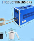 Pro Heavy Duty High Frequency Induction Heater And Metal Smelting Furnace 6000W with dimensions shown in blue background.