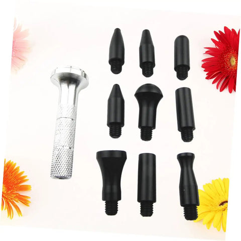 Auto Dent Repair Kit With Replaceable Heads, Pro Grade Dent Remover Tool Set parts with nine black heads and one silver handle.
