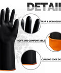 Detail of Six Pair Black Industrial Rubber Gloves 14 Inch Large with curling edge design and soft comfortable grip.