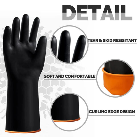Detail of Six Pair Black Industrial Rubber Gloves 14 Inch Large with curling edge design and soft comfortable grip.