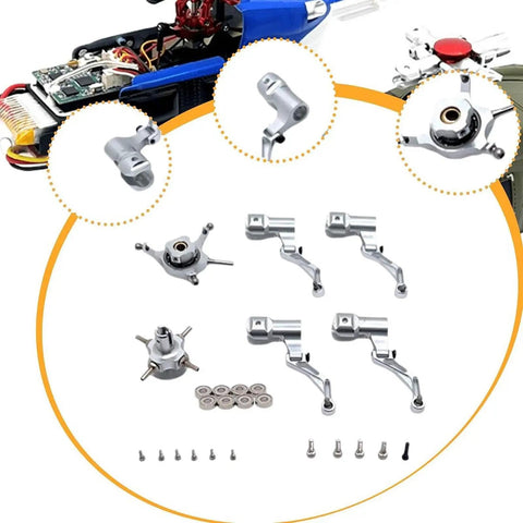 RC Helicopter Cross Plate Set Aluminum With Bearings For K124 And K170, components and tools shown on white background