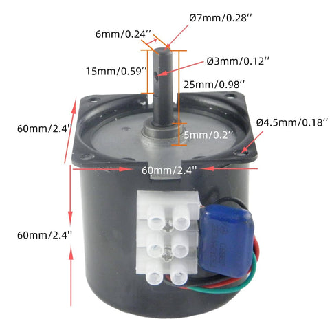 Dimensions of 110V 5-6 RPM Gear Reduction Motor With Bracket And Power Cord High Torque Synchronous Drive For DIY Projects