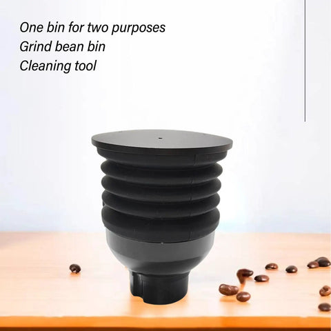 Premium Silicone Coffee Bellows Single Dose Bean Jar And Hella Handy Dust Cleanup Blower With Flexible Air Wand on kitchen countertop.