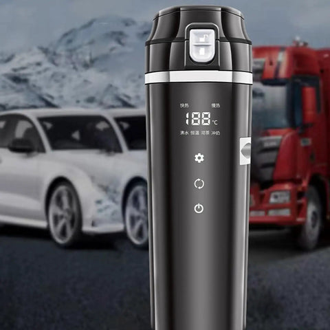 Grind Hard Play Hard 12 And 24V Car Kettle Boiler 500 Milliliter Hot Water Heater, portable with temperature display for vehicles.