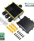 IP68 Waterproof 4 Way Junction Box Built Tough For Outdoor Use With 4 Channel Cable Connector and accessories shown